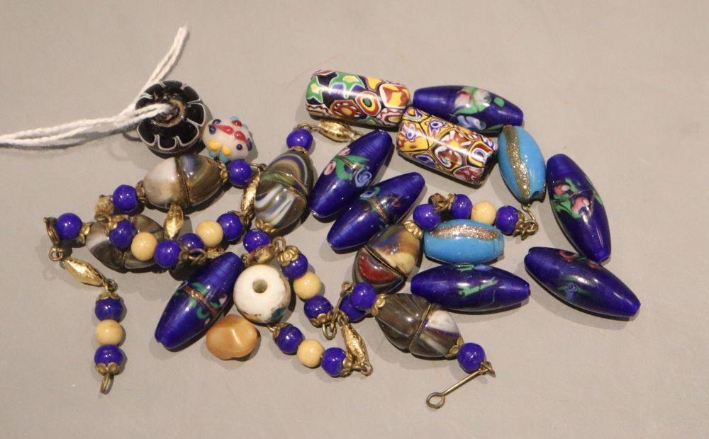 A hardstone and gilded paste bead necklace (a.f.) and a selection of loose paste beads including Venetian?